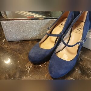 🩷Bundle🩷Vince Camuto Blue Suede Mary Jane Heels +sparkling Silver Clutch